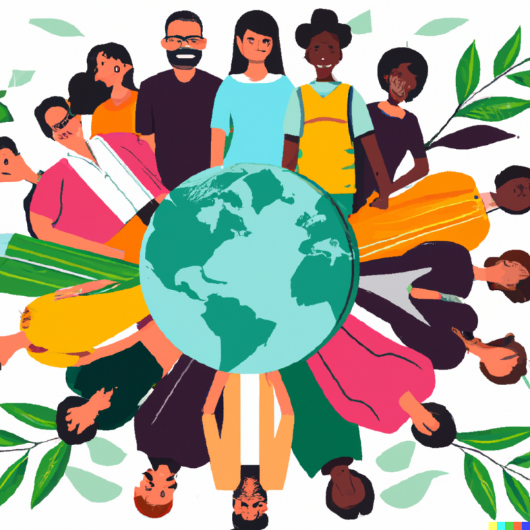 A diverse group of people of different ages, ethnicities, and backgrounds, standing together in a circle, symbolizing collaboration and unity. They are surrounded by lush greenery, representing nature and the environment. Each person holds a symbol or representation of sustainability, such as a globe, a tree, or renewable energy icons. The image conveys a sense of collective purpose, collaboration, and the shared commitment towards a sustainable future.